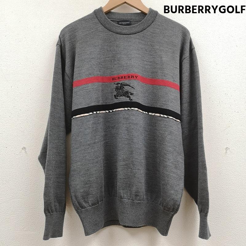 バーバリーゴルフ BURBERRY GOLF ニット、セーター 長袖 90s ノバチェック ホース ロゴ クルーネック ニット セーター L 灰 / グレー / gray メンズ USED 古着 中古 50168762