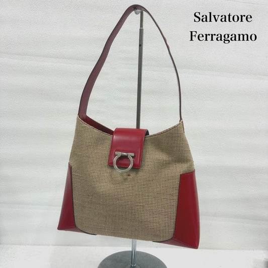 サルヴァトーレフェラガモ Salvatore Ferragamo ショルダーバッグ ショルダーバッグ キャンバス レザー ショルダーバッグ ガンチーニ - 無地 赤 / レッド / red X ベージュ / ベージュ / beige レディース USED 古着 中古 50168764