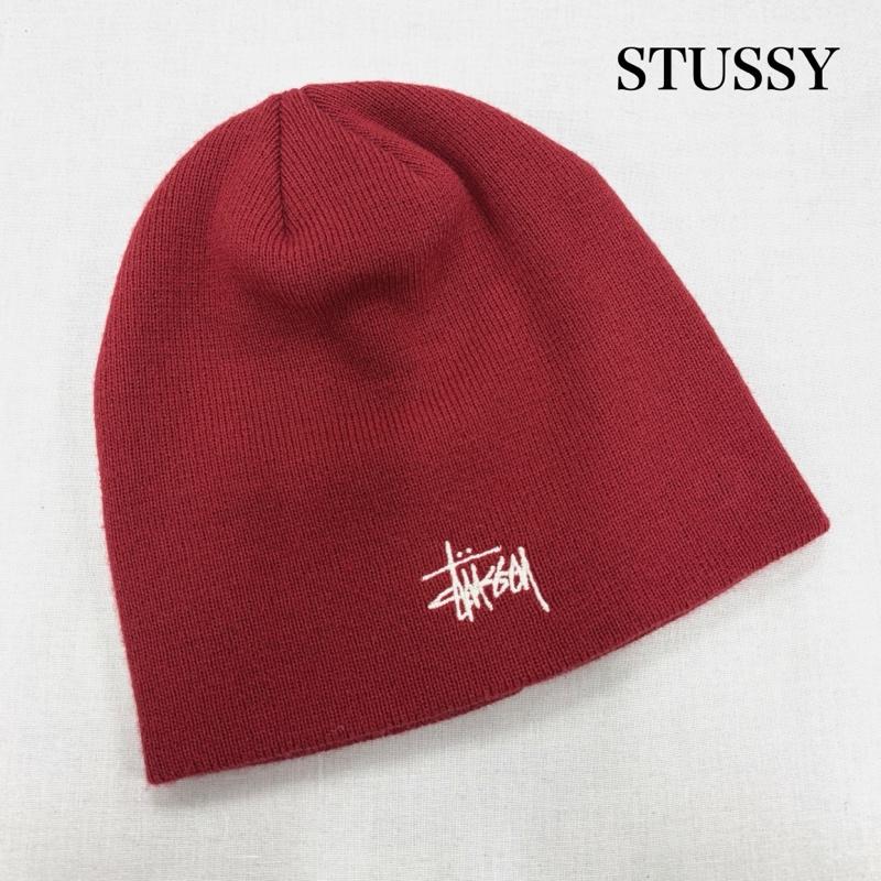 ステューシー STUSSY 帽子 ニット帽 ベーシック ロゴ 刺繍 ニット ビーニー 帽子 バーガンディー - ロゴ、文字 X 刺繍 赤 / レッド / red X 白 / ホワイト / white メンズ USED 古着 中古 50168777