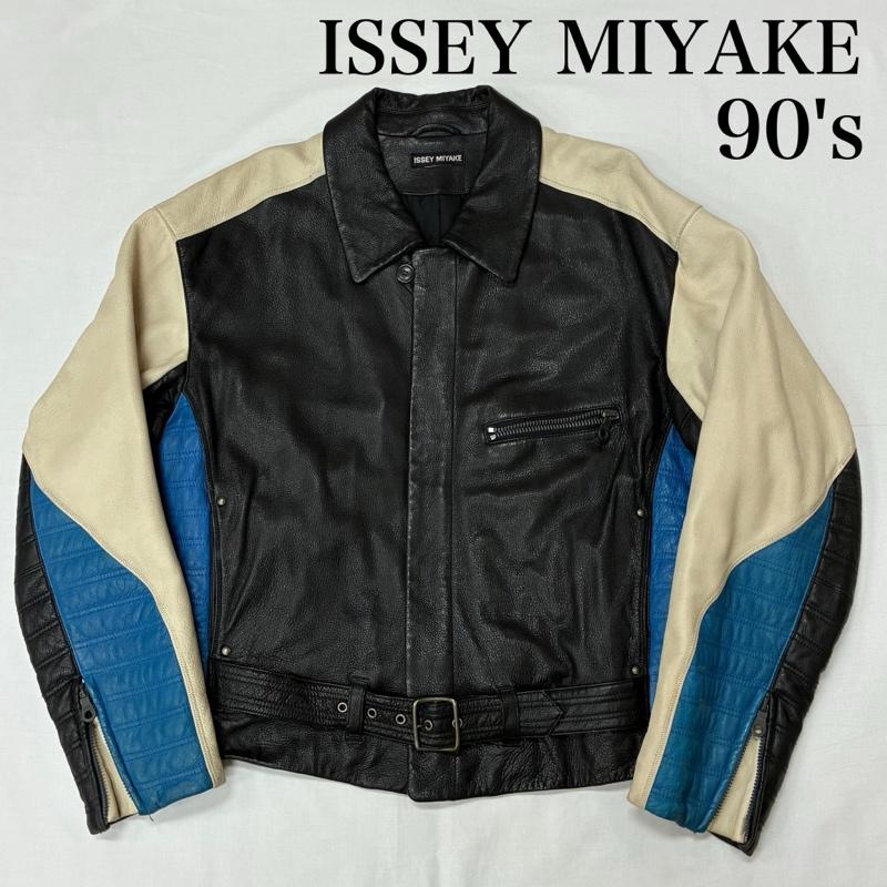 イッセイミヤケ ISSEY MIYAKE ジャケット、上着 レザージャケット 90s OLD ARCHIVE カラー ブロック シングル バイカー ライダース レザー ジャケット - メンズ USED 古着 中古 50168840