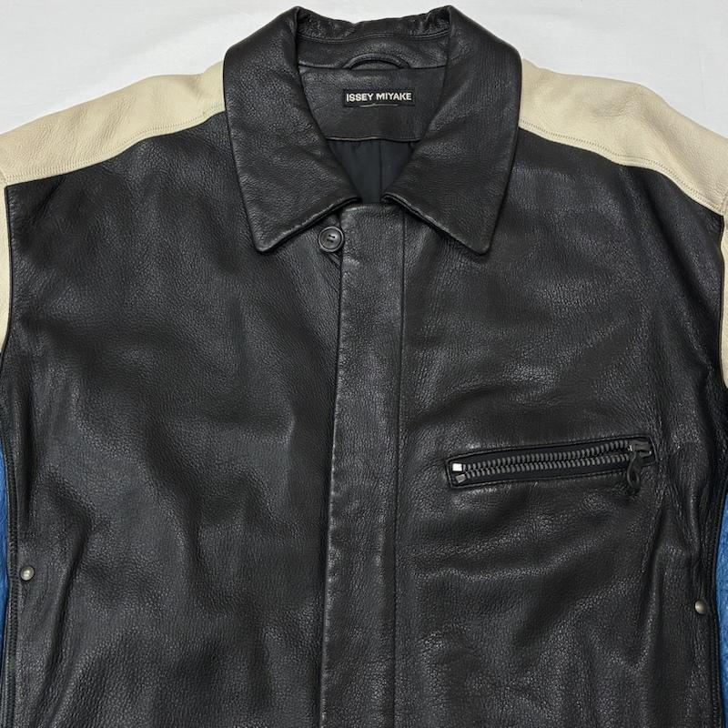イッセイミヤケ ISSEY MIYAKE ジャケット、上着 レザージャケット 90s OLD ARCHIVE カラー ブロック シングル バイカー ライダース レザー ジャケット - メンズ USED 古着 中古 50168840
