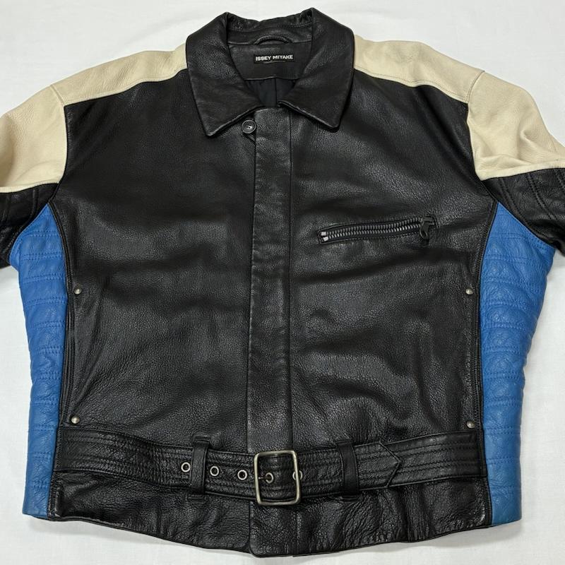 イッセイミヤケ ISSEY MIYAKE ジャケット、上着 レザージャケット 90s OLD ARCHIVE カラー ブロック シングル バイカー ライダース レザー ジャケット - メンズ USED 古着 中古 50168840