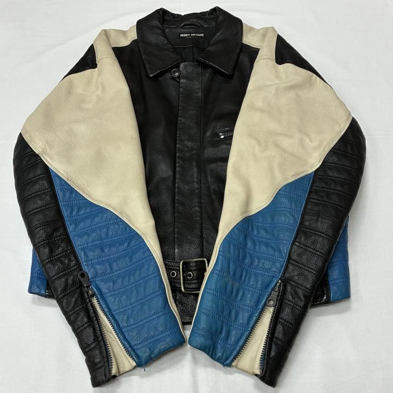 イッセイミヤケ ISSEY MIYAKE ジャケット、上着 レザージャケット 90s OLD ARCHIVE カラー ブロック シングル バイカー ライダース レザー ジャケット - メンズ USED 古着 中古 50168840