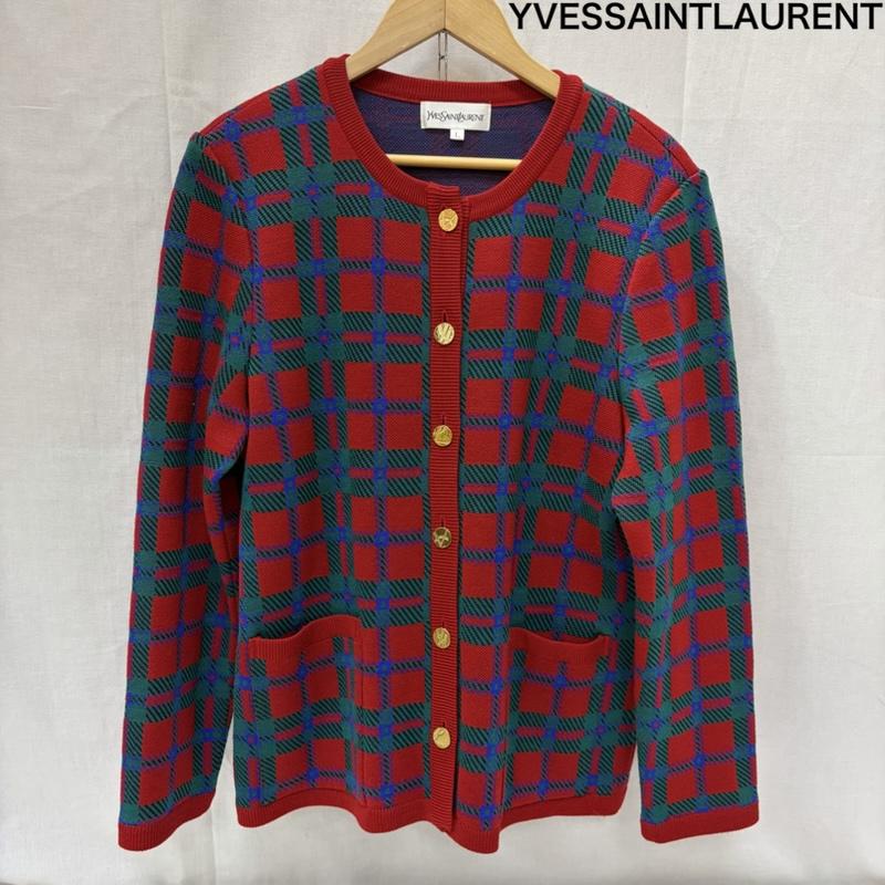 イヴサンローラン Yves Saint Laurent ジャケット、上着 ジャケット、ブレザー タータンチェック 柄 ゴールド ボタン ノーカラー ニット ジャケット L チェック 赤 / レッド / red X 緑 / グリーン / green レディース USED 古着 中古 50168985