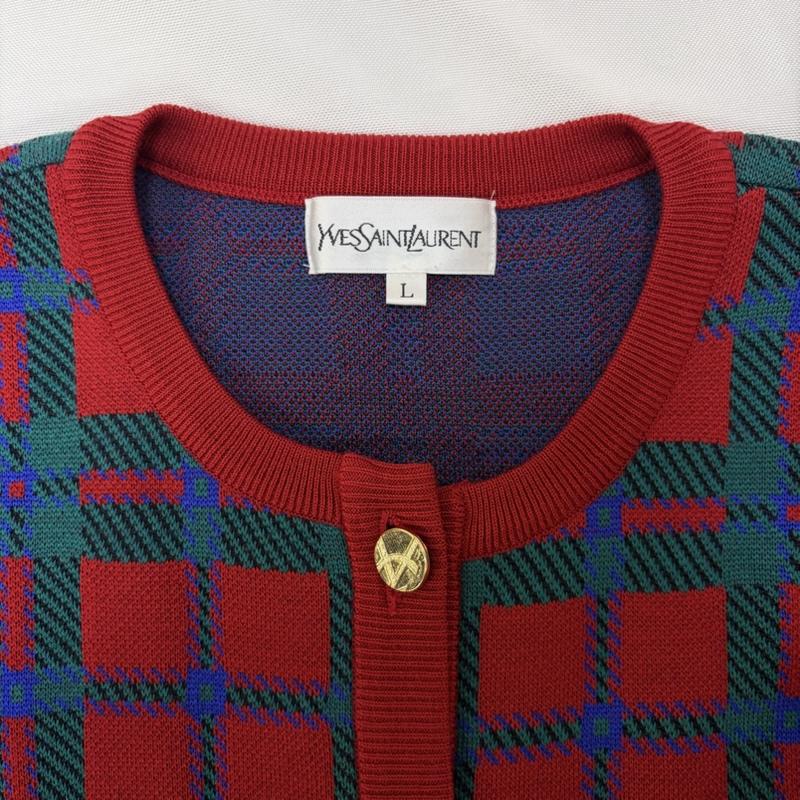 イヴサンローラン Yves Saint Laurent ジャケット、上着 ジャケット、ブレザー タータンチェック 柄 ゴールド ボタン ノーカラー ニット ジャケット L チェック 赤 / レッド / red X 緑 / グリーン / green レディース USED 古着 中古 50168985
