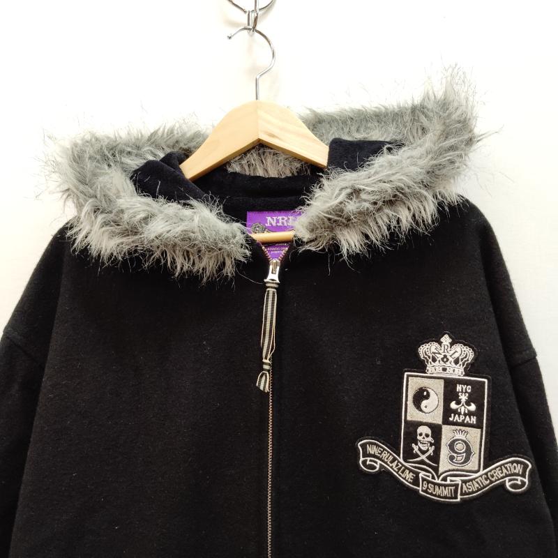 ナインルーラーズ NINE RULAZ パーカー 長袖 ジップアップ パーカー ボリューム フェイク ファー エンブレム風 刺繍 ワッペン XL 黒 / ブラック / black メンズ USED 古着 中古 50169001
