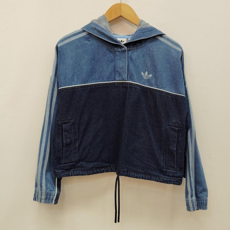 アディダス adidas パーカー 長袖 デニム プルオーバー パーカー クロップド丈 トレフォイル ロゴ スリー ストライプス M インディゴ / インディゴ / Indigo レディース USED 古着 中古 50169005