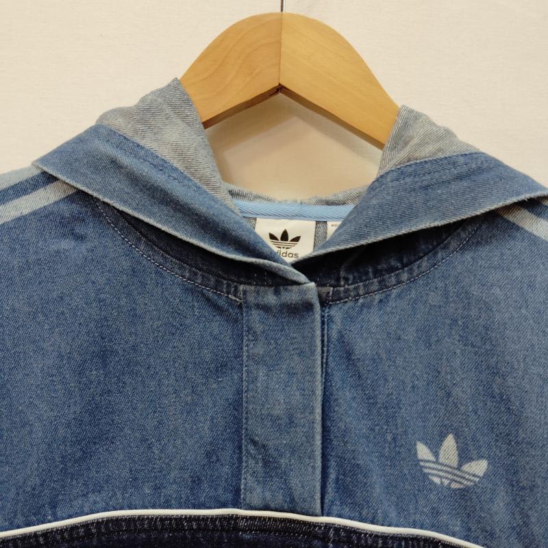 アディダス adidas パーカー 長袖 デニム プルオーバー パーカー クロップド丈 トレフォイル ロゴ スリー ストライプス M インディゴ / インディゴ / Indigo レディース USED 古着 中古 50169005