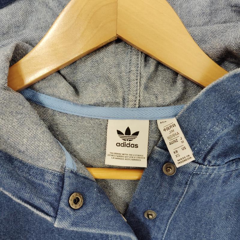 アディダス adidas パーカー 長袖 デニム プルオーバー パーカー クロップド丈 トレフォイル ロゴ スリー ストライプス M インディゴ / インディゴ / Indigo レディース USED 古着 中古 50169005