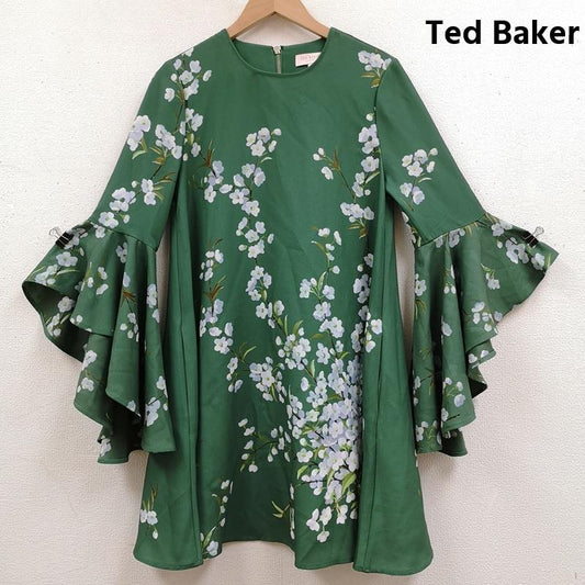 テッドベーカー Ted Baker ドレス カラードレス ラッフル ディテール 花 フラワー フローラル ドレス 0 緑 / グリーン / green レディース USED 古着 中古 50169021