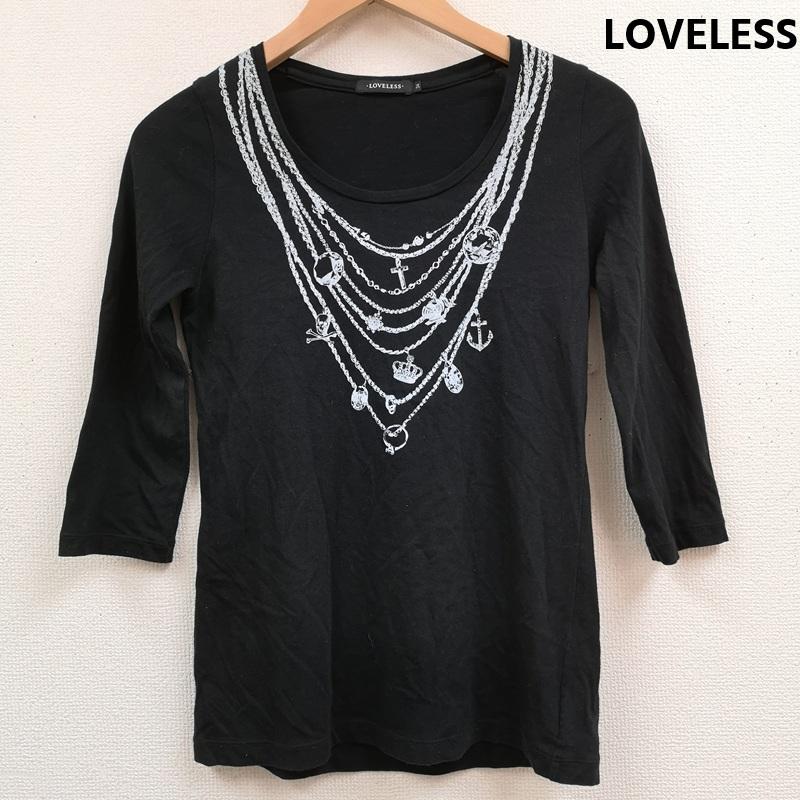 ラブレス LOVELESS Tシャツ 七分袖 日本製 ネックレス だまし絵 トロンプルイユ プリント 七分袖 Tシャツ 62P09-202-09 34 黒 / ブラック / black レディース USED 古着 中古 50169102
