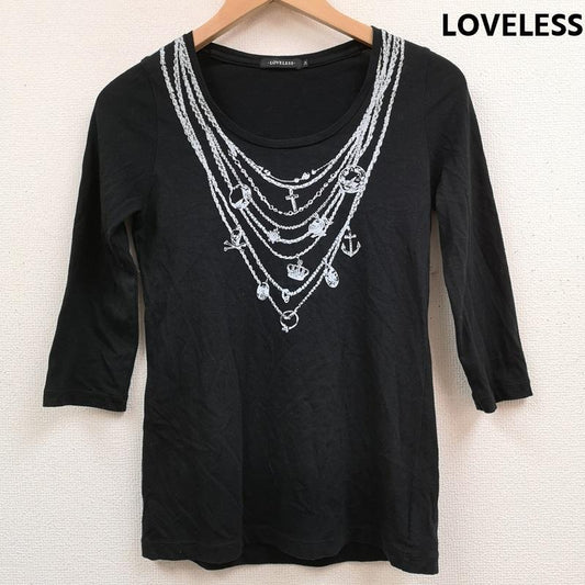 ラブレス LOVELESS Tシャツ 七分袖 日本製 ネックレス だまし絵 トロンプルイユ プリント 七分袖 Tシャツ 62P09-202-09 34 黒 / ブラック / black レディース USED 古着 中古 50169102