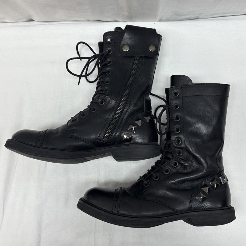 マークジェイコブス MARCJACOBS ブーツ ロングブーツ スタッズ レザー サイドジップ レースアップ ブーツ - 黒 / ブラック / black メンズ USED 古着 中古 50169123