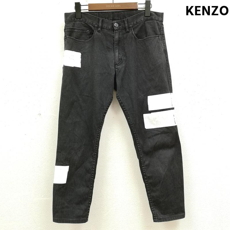 ケンゾー KENZO パンツ デニム、ジーンズ ペイント 加工 ロゴ プレート ジップフライ デニム パンツ 31インチ 黒 / ブラック / black メンズ USED 古着 中古 50169140