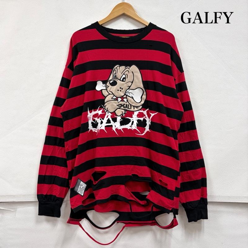 ガルフィー GALFY Tシャツ 長袖 ビリビリボーダー ロンTee 長袖 クラッシュ ダメージ加工 ロゴ プリント 刺繍 Tシャツ 中型犬 L ロゴ、文字 X ダメージ加工 赤 / レッド / red X 黒 / ブラック / black メンズ USED 古着 中古 50169153