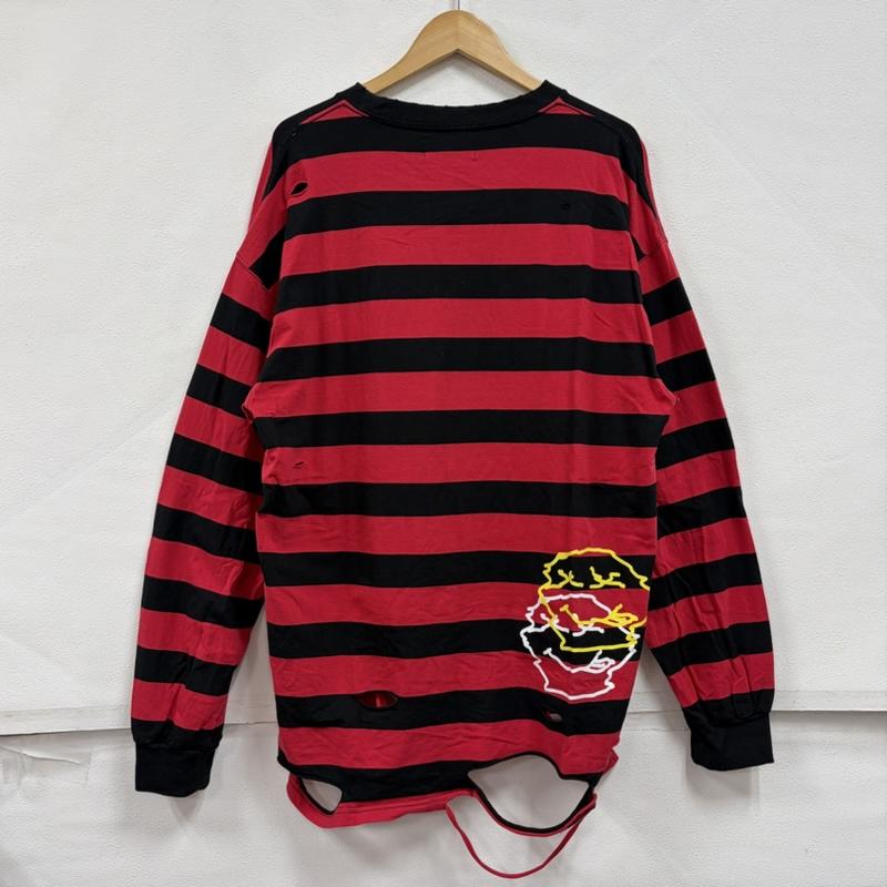 ガルフィー GALFY Tシャツ 長袖 ビリビリボーダー ロンTee 長袖 クラッシュ ダメージ加工 ロゴ プリント 刺繍 Tシャツ 中型犬 L ロゴ、文字 X ダメージ加工 赤 / レッド / red X 黒 / ブラック / black メンズ USED 古着 中古 50169153