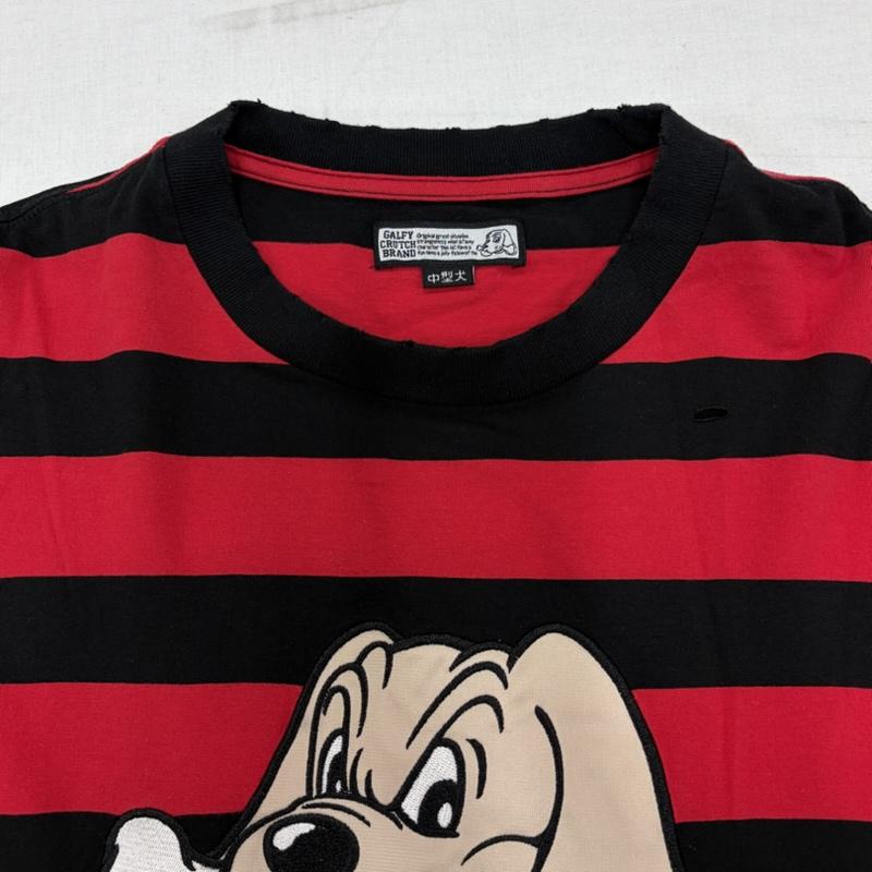 ガルフィー GALFY Tシャツ 長袖 ビリビリボーダー ロンTee 長袖 クラッシュ ダメージ加工 ロゴ プリント 刺繍 Tシャツ 中型犬 L ロゴ、文字 X ダメージ加工 赤 / レッド / red X 黒 / ブラック / black メンズ USED 古着 中古 50169153