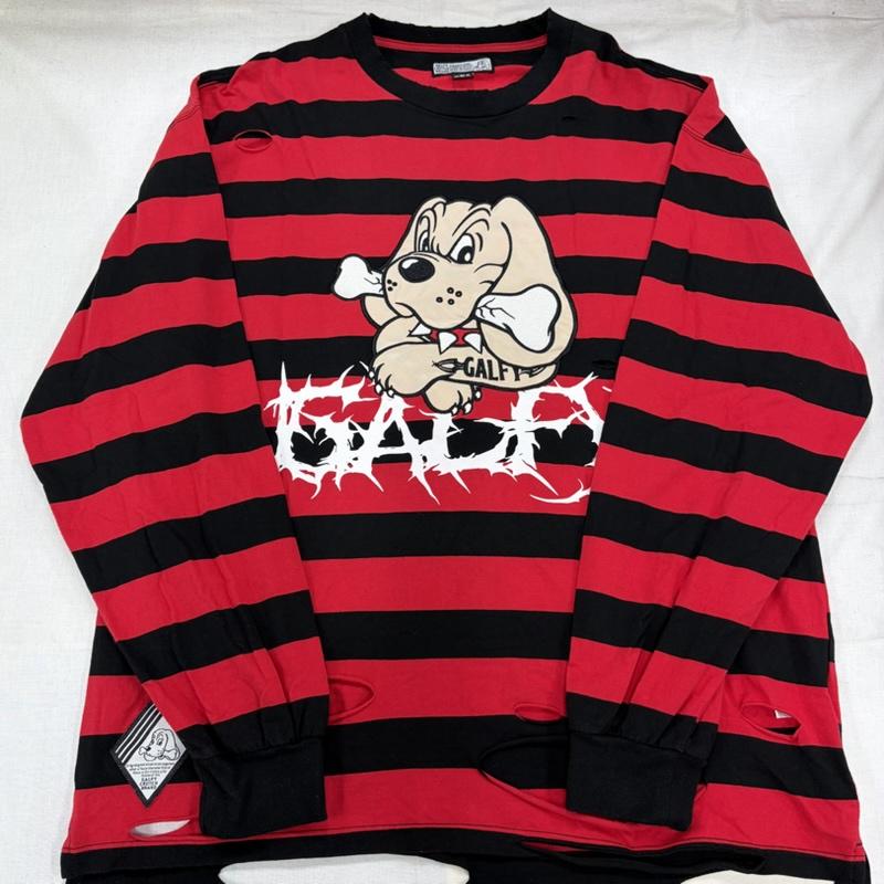 ガルフィー GALFY Tシャツ 長袖 ビリビリボーダー ロンTee 長袖 クラッシュ ダメージ加工 ロゴ プリント 刺繍 Tシャツ 中型犬 L ロゴ、文字 X ダメージ加工 赤 / レッド / red X 黒 / ブラック / black メンズ USED 古着 中古 50169153