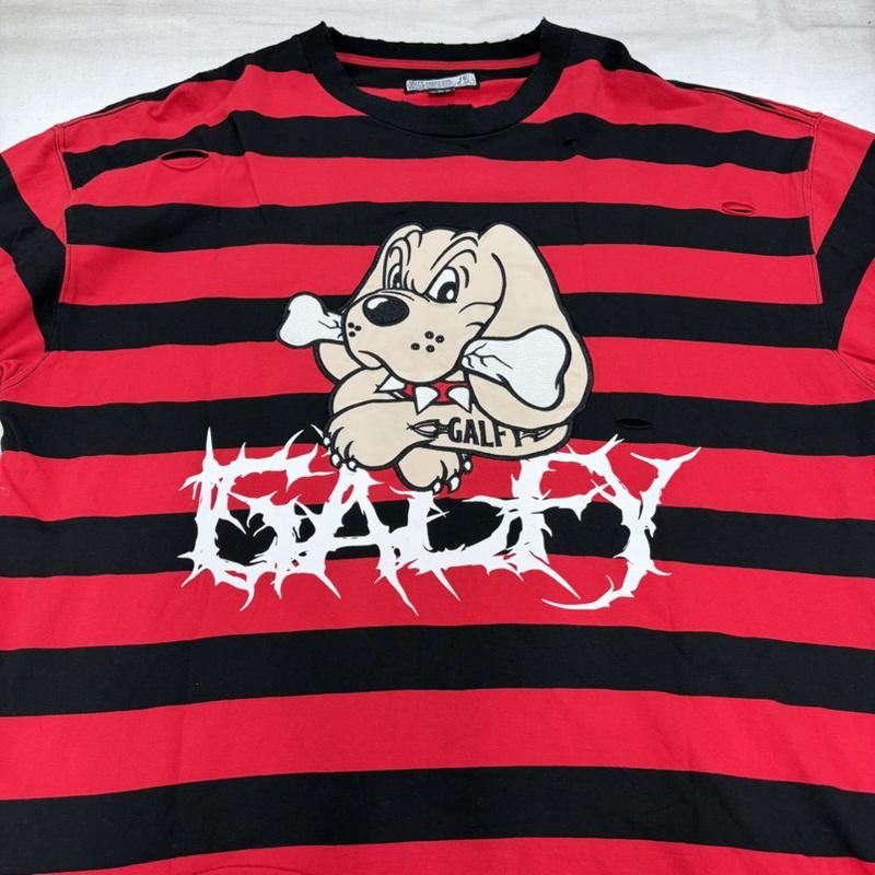 ガルフィー GALFY Tシャツ 長袖 ビリビリボーダー ロンTee 長袖 クラッシュ ダメージ加工 ロゴ プリント 刺繍 Tシャツ 中型犬 L ロゴ、文字 X ダメージ加工 赤 / レッド / red X 黒 / ブラック / black メンズ USED 古着 中古 50169153