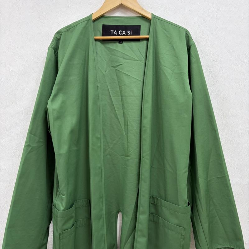 タキャシ TACASI カーディガン 長袖 BEAMS ノーカラー ロング コート カーディガン ベルデッド スリット 48 無地 緑 / グリーン / green メンズ USED 古着 中古 50169250