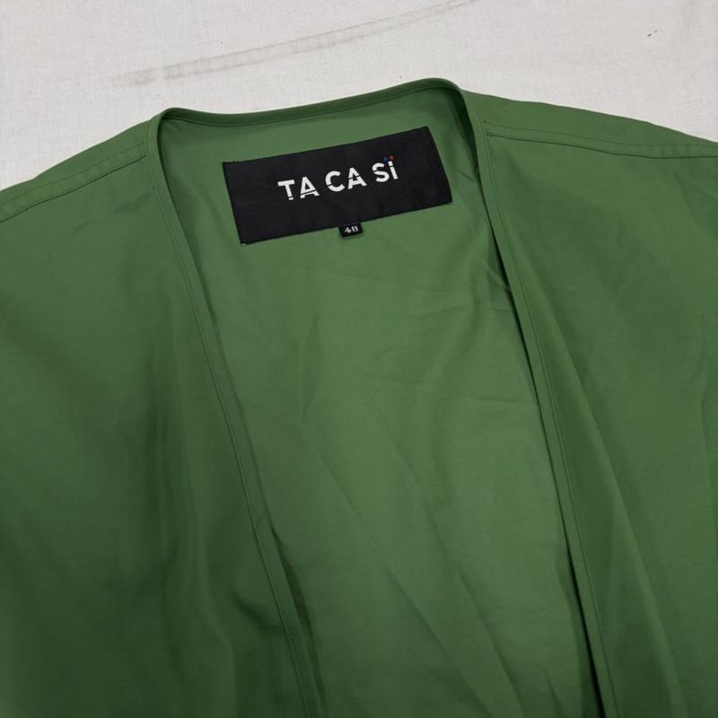 タキャシ TACASI カーディガン 長袖 BEAMS ノーカラー ロング コート カーディガン ベルデッド スリット 48 無地 緑 / グリーン / green メンズ USED 古着 中古 50169250