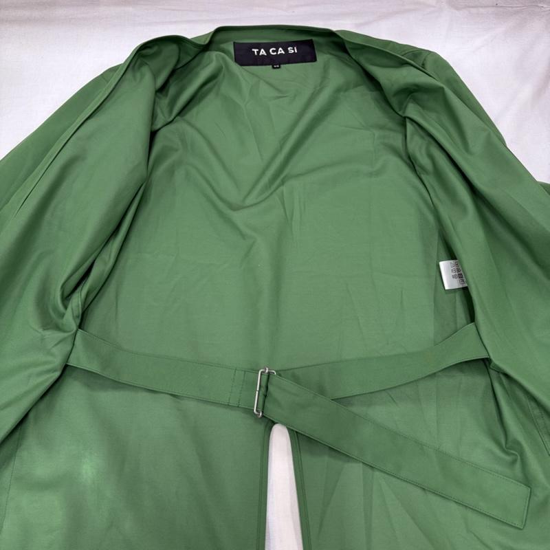 タキャシ TACASI カーディガン 長袖 BEAMS ノーカラー ロング コート カーディガン ベルデッド スリット 48 無地 緑 / グリーン / green メンズ USED 古着 中古 50169250