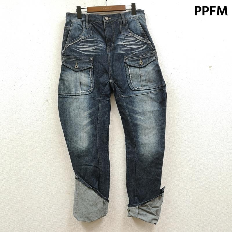 ピーピーエフエム PPFM パンツ デニム、ジーンズ 立体裁断 ギミック 変形 サルエル カーゴ デニム パンツ 35-09PP16 インディゴ / インディゴ / Indigo メンズ USED 古着 中古 50169403