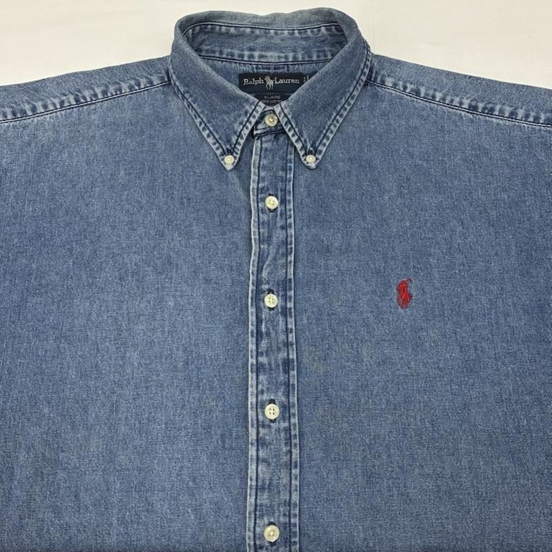 ラルフローレン RALPHLAUREN シャツ、ブラウス 長袖 BLAIRE 90s ポニー 刺繍 ボタンダウン デニム シャツ L メンズ USED 古着 中古 50169410