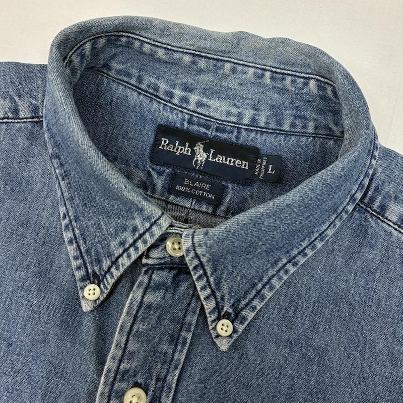 ラルフローレン RALPHLAUREN シャツ、ブラウス 長袖 BLAIRE 90s ポニー 刺繍 ボタンダウン デニム シャツ L メンズ USED 古着 中古 50169410