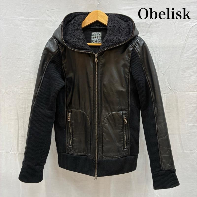 オベリスク Obelisk ジャケット、上着 レザージャケット レザー ニット 切替 裏ボア フーデッド ダブルジップ ブルゾン Y2K ARCHIVE アーカイブ S メンズ USED 古着 中古 50169431