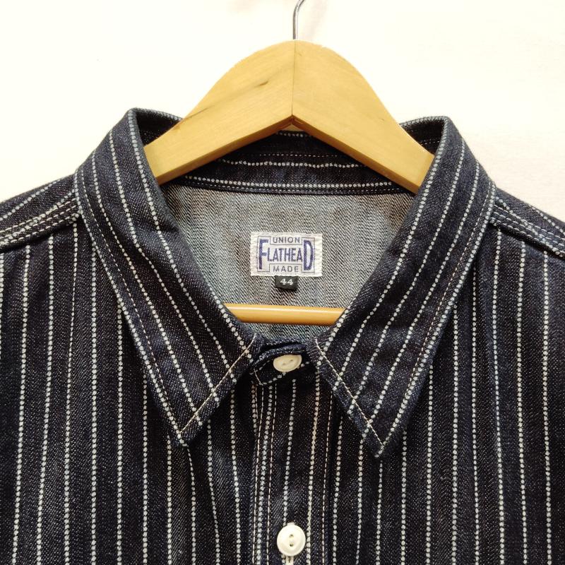フラットヘッド FLATHEAD シャツ、ブラウス 半袖 10oz デニム ウォバッシュ半袖 ワーク シャツ ドット ストライプ 44 インディゴ / インディゴ / Indigo X 白 / ホワイト / white メンズ USED 古着 中古 50169460