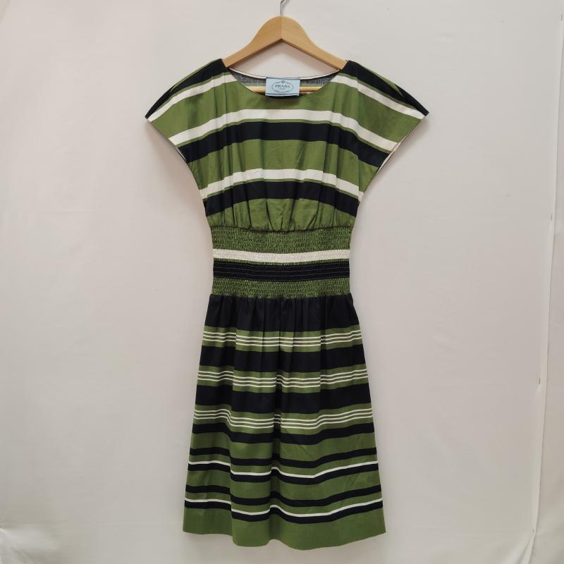 プラダ PRADA ワンピース ひざ丈スカート 半袖 ワンピース コットン ボーダー柄 38 緑 / グリーン / green X 白 / ホワイト / white X 黒 / ブラック / black レディース USED 古着 中古 50169614