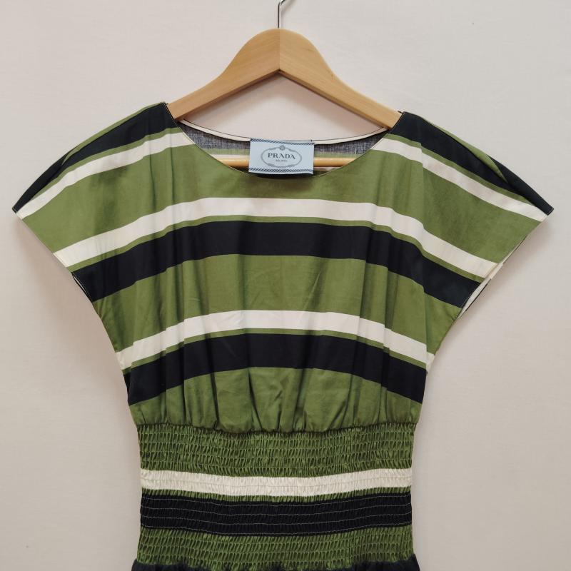 プラダ PRADA ワンピース ひざ丈スカート 半袖 ワンピース コットン ボーダー柄 38 緑 / グリーン / green X 白 / ホワイト / white X 黒 / ブラック / black レディース USED 古着 中古 50169614