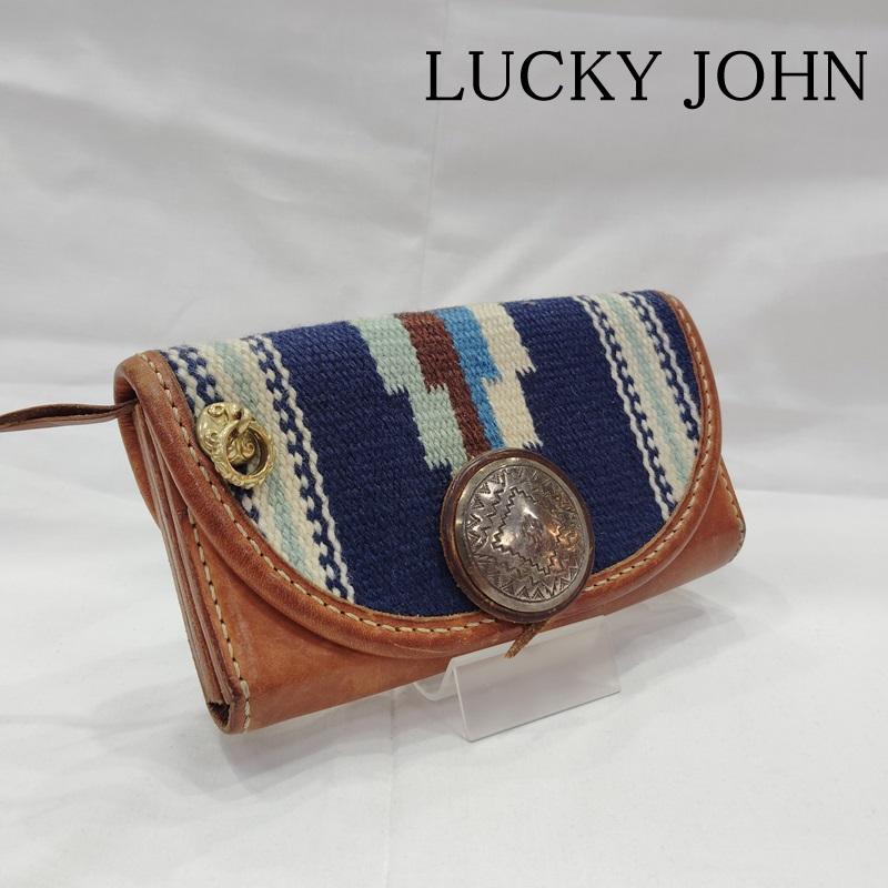 ラッキージョン LUCKY JOHN 財布 長財布 コンチョ ラグ レザー ウォレット 長財布 - 青 / ブルー / blue X 茶 / ブラウン / brown メンズ USED 古着 中古 50169629
