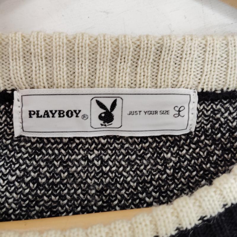 プレイボーイ PLAYBOY ニット、セーター 長袖 80s 90s ヴィンテージ ウール ニット セーター バニーヘッド チェッカー フラッグ柄 L 黒 / ブラック / black X 白 / ホワイト / white X 灰 / グレー / gray メンズ USED 古着 中古 50169652