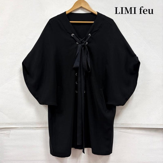 リミフゥ LIMI feu チュニック 半袖 リボン ドルマン チュニック ワンピース 変形 レースアップ 編み上げ lo-d12-900 Yohji Yamamoto ヨウジヤマモト 日本製 S 無地 黒 / ブラック / black レディース USED 古着 中古 50169703