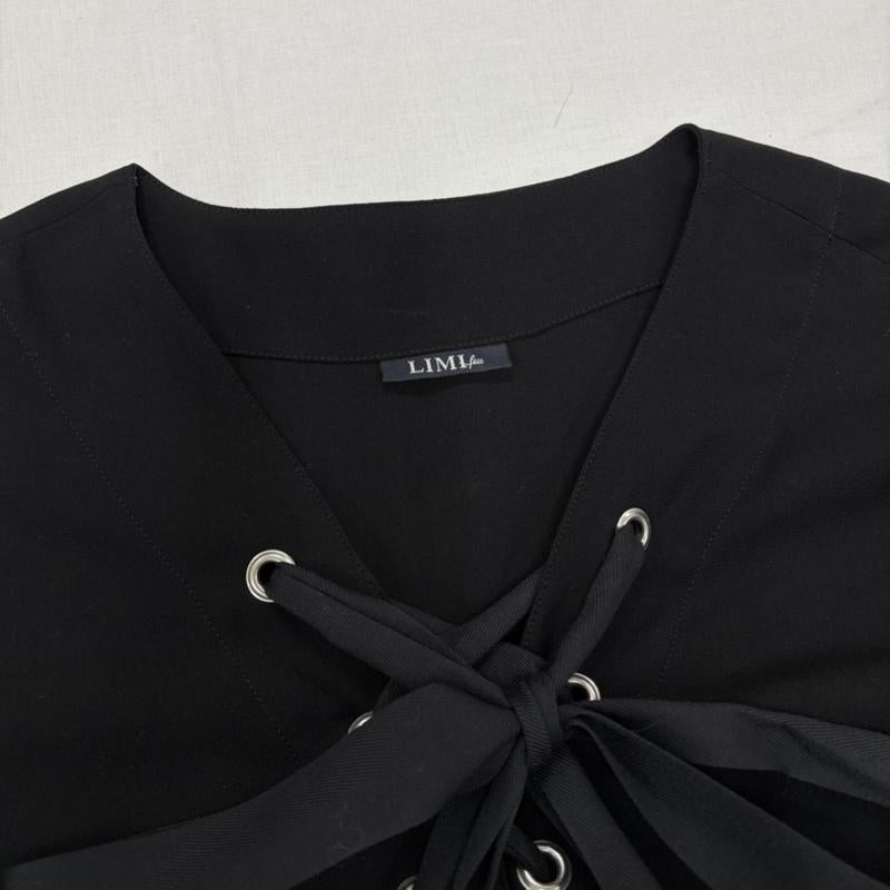 リミフゥ LIMI feu チュニック 半袖 リボン ドルマン チュニック ワンピース 変形 レースアップ 編み上げ lo-d12-900 Yohji Yamamoto ヨウジヤマモト 日本製 S 無地 黒 / ブラック / black レディース USED 古着 中古 50169703