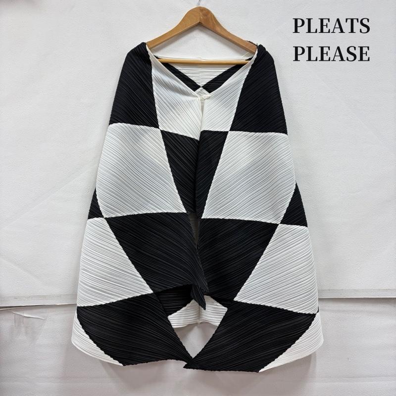 プリーツプリーズ PLEATS PLEASE カーディガン 長袖 ISSEY MIYAKE イッセイミヤケ ダイヤモンド チェック 変形 カーディガン 幾何学模様 モノトーン 羽織り ギザギザ - 幾何柄 白 / ホワイト / white X 黒 / ブラック / black レディース USED 古着 中古 50169719