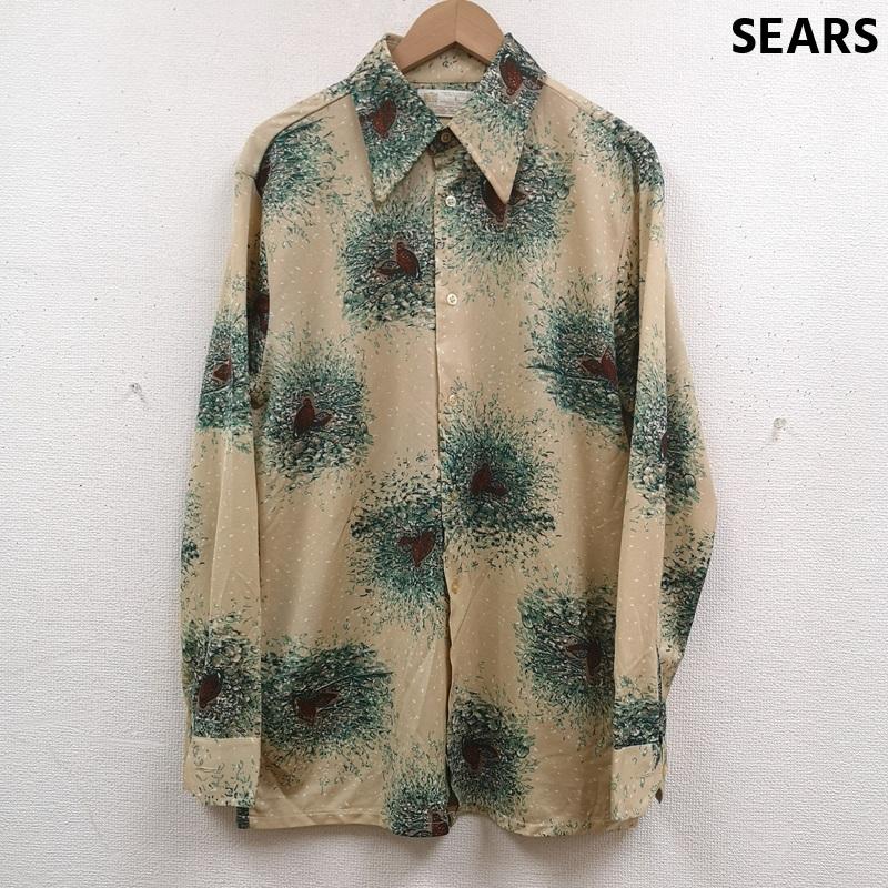 シアーズ SEARS シャツ、ブラウス 長袖 70s KINGS ROAD 鳥 草むら 白ドット 総柄 プリント 長袖 シャツ L ベージュ / ベージュ / beige X 茶 / ブラウン / brown X 緑 / グリーン / green メンズ USED 古着 中古 50169728
