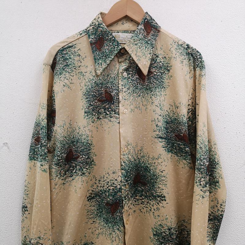 シアーズ SEARS シャツ、ブラウス 長袖 70s KINGS ROAD 鳥 草むら 白ドット 総柄 プリント 長袖 シャツ L ベージュ / ベージュ / beige X 茶 / ブラウン / brown X 緑 / グリーン / green メンズ USED 古着 中古 50169728