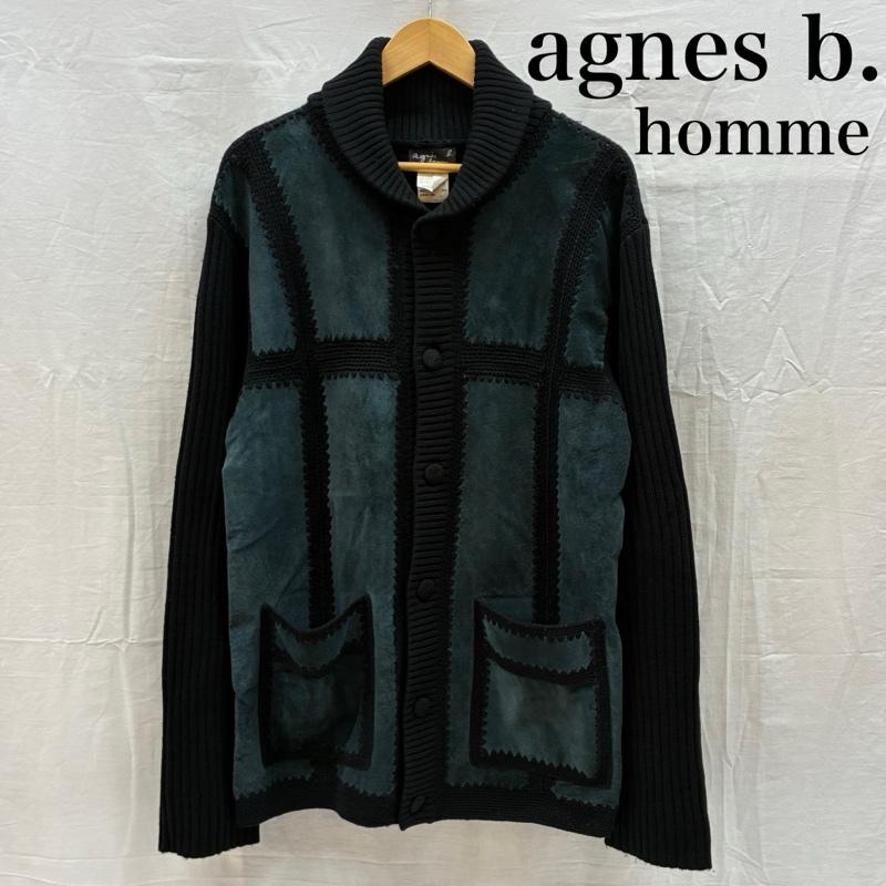 アニエス・ベー agnes b. カーディガン 長袖 HOMME ショールカラー リブ ニット ピッグスキン レザー 切替 カーディガン オールド アーカイブ 3 メンズ USED 古着 中古 50169797
