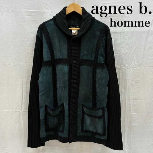 アニエス・ベー agnes b. カーディガン 長袖 HOMME ショールカラー リブ ニット ピッグスキン レザー 切替 カーディガン オールド アーカイブ 3 メンズ USED 古着 中古 50169797