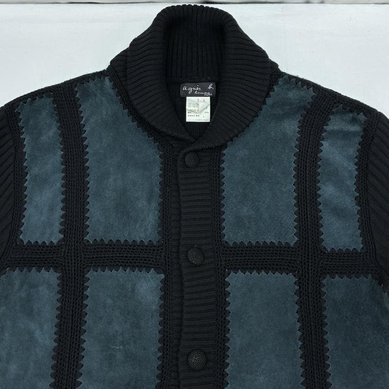 アニエス・ベー agnes b. カーディガン 長袖 HOMME ショールカラー リブ ニット ピッグスキン レザー 切替 カーディガン オールド アーカイブ 3 メンズ USED 古着 中古 50169797