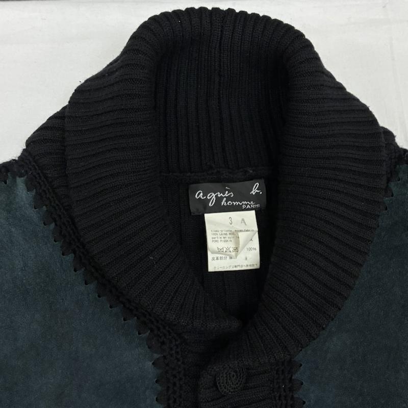アニエス・ベー agnes b. カーディガン 長袖 HOMME ショールカラー リブ ニット ピッグスキン レザー 切替 カーディガン オールド アーカイブ 3 メンズ USED 古着 中古 50169797