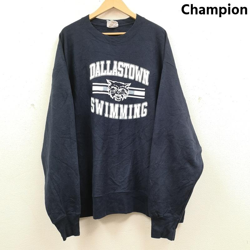 チャンピオン Champion トレーナー 長袖 Reverse Weave ダラスダウン ハイスクール 水泳部 カレッジ プリント スウェット トレーナー - 紺 / ネイビー / navy X 白 / ホワイト / white メンズ USED 古着 中古 50169995