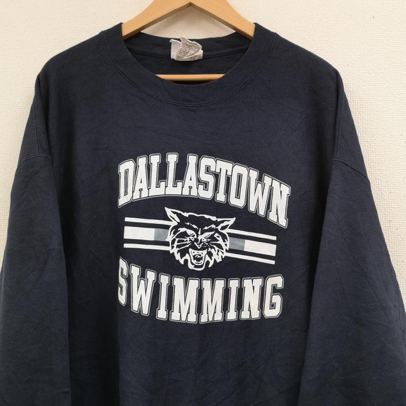 チャンピオン Champion トレーナー 長袖 Reverse Weave ダラスダウン ハイスクール 水泳部 カレッジ プリント スウェット トレーナー - 紺 / ネイビー / navy X 白 / ホワイト / white メンズ USED 古着 中古 50169995