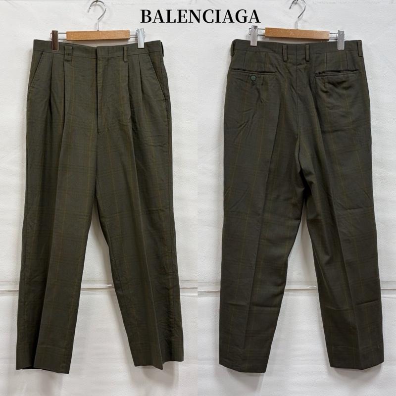 バレンシアガ BALENCIAGA パンツ スラックス 90s チェック柄 クラシック タックパンツ スラックス テーパード　スポーツ ヴィンテージ BB ロゴ 刺繍 - チェック X ワンポイント X ロゴ、文字 X 刺繍 カーキ / カーキ / khaki X マルチカラー / マルチカラー / multicolor メンズ USED 古着 中古 50170091