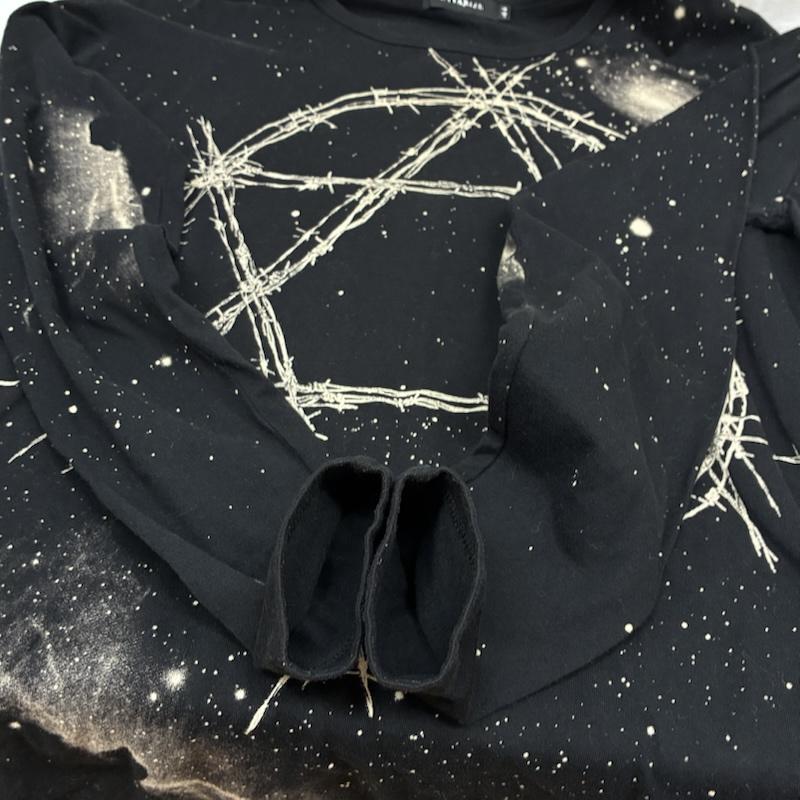 シウ゛ァーライズ CIVARIZE Tシャツ 長袖 六芒星 有刺鉄線 グラフィック ブリーチ カットソー ロングスリーブ Tシャツ V系 Y2K 44 メンズ USED 古着 中古 50170094