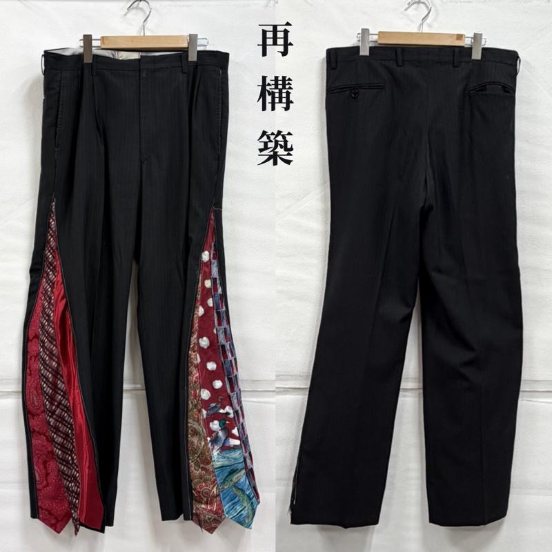 リメイクフルギ リメイク古着 パンツ スラックス 再構築 ネクタイ ドッキング リメイク ワイドパンツ アシンメトリー スラックス ペイズリー ストライプ - ストライプ X ペイズリー X アニマル柄 マルチカラー / マルチカラー / multicolor メンズ USED 古着 中古 50170095
