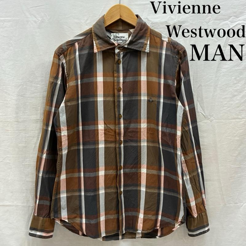 ヴィヴィアンウエストウッドマン Vivienne Westwood MAN シャツ、ブラウス 長袖 オーブ 刺繍 ロングスリーブ チェック シャツ 46 メンズ USED 古着 中古 50170112